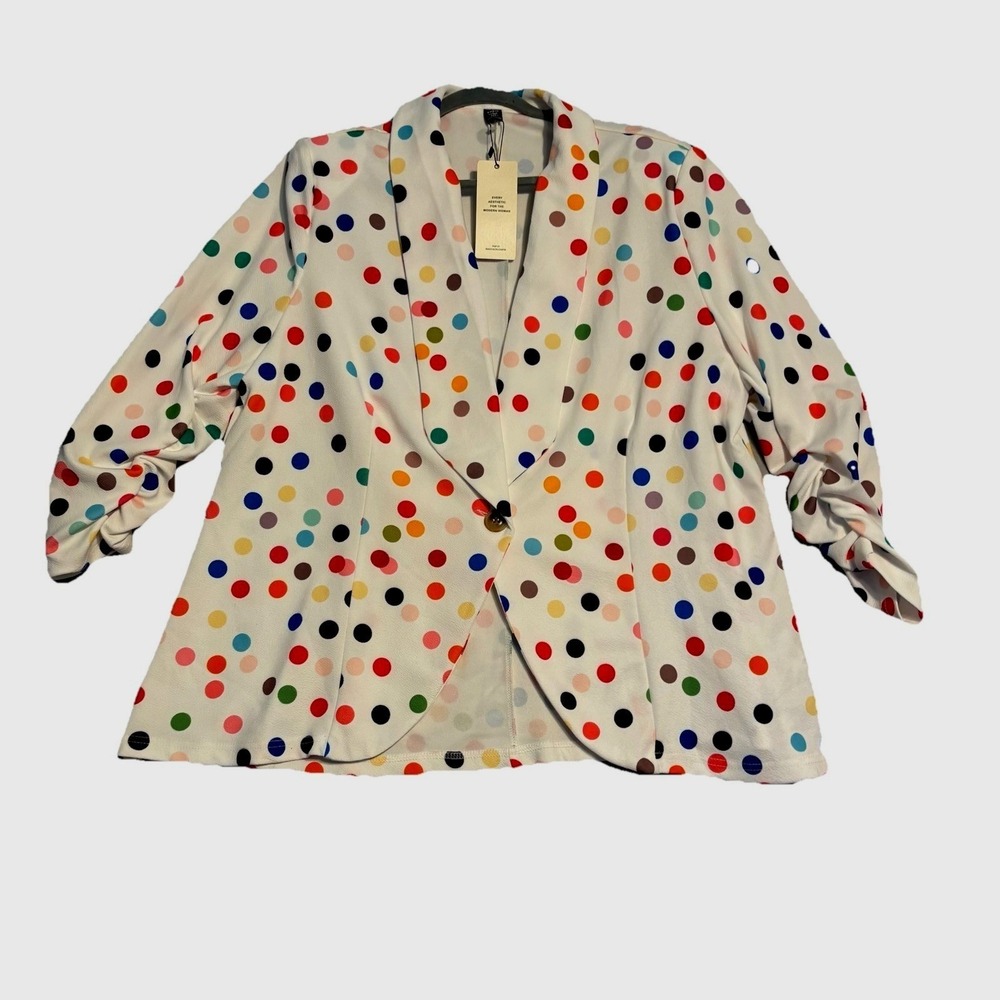Polka Dot Blazer Womens 3XL Shawl Collar White Multi Ruche Sleeve NWT Shein